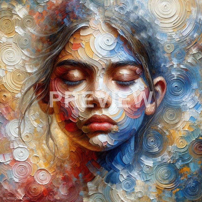 The image depicts a highly detailed and textured portrait of a woman with her eyes closed, rendered in a style reminiscent of swirling, layered brushstrokes. The artwork uses a vibrant palette of warm and cool tones, with the woman's face and hair blending seamlessly into the abstract, circular patterns surrounding her, creating an impression of serenity and introspection. The intricate patterns and rich colors give the piece a dynamic, almost three-dimensional quality, emphasizing the emotional depth of the subject.